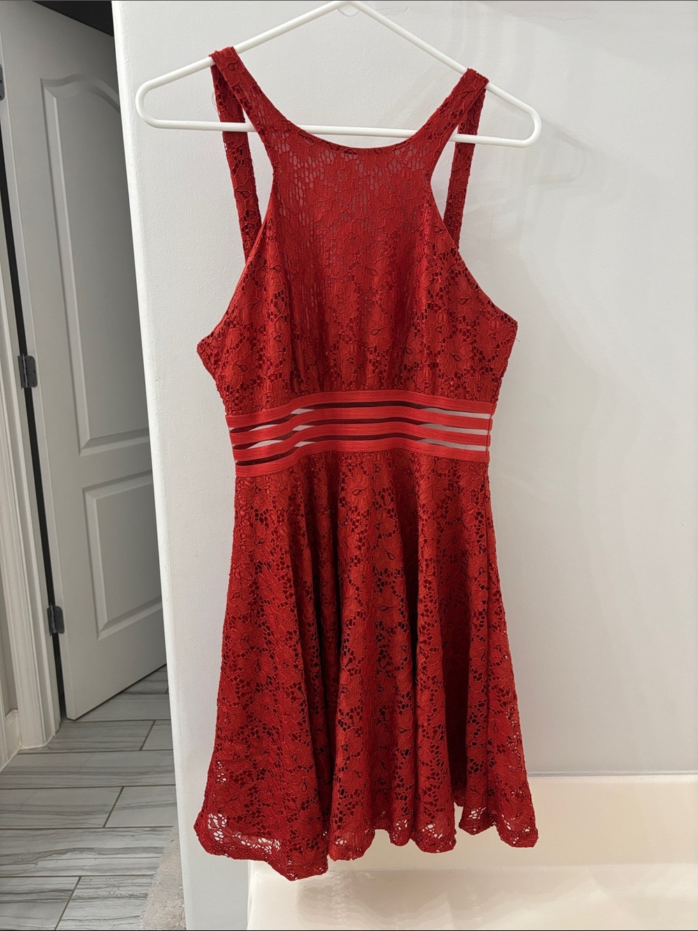 Red-Orange Lace Fit & Flare Dress with Striped Clear Waistband